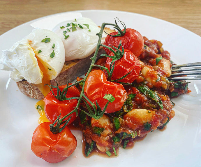 Chef Jen's Breakfast Beans with poached eggs