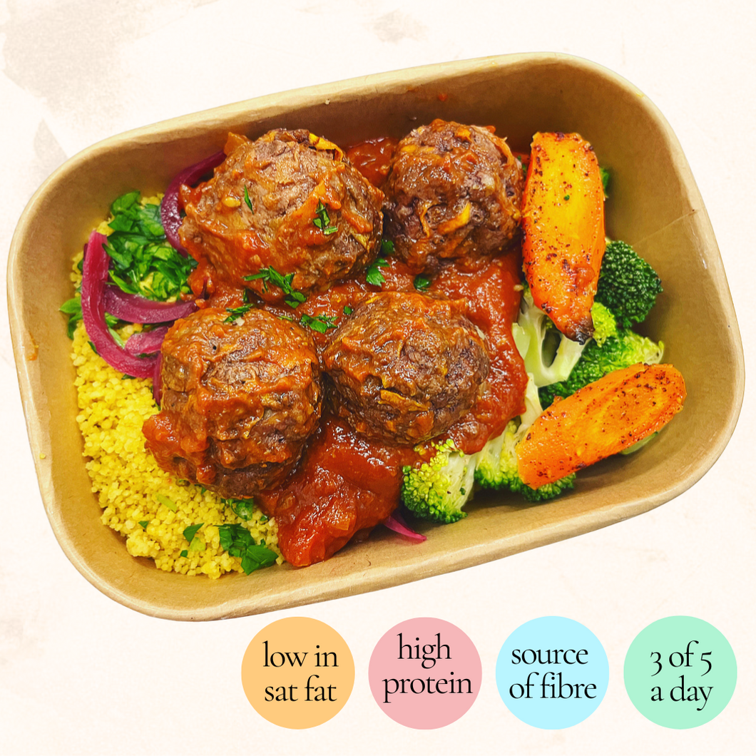 Wednesday: Moroccan Inspired Beef Meatballs in Sauce with Herby Bulgur
