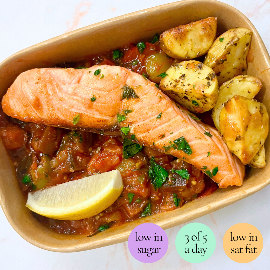 Wednesday: Italian Salmon Caponata with Roasted Potatoes + Salsa Verde (low carb available)