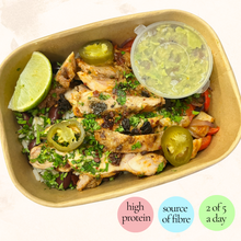 Load image into Gallery viewer, Wednesday: Fajita Rice Bowl + Avocado Sour Cream (with chicken / halloumi V)
