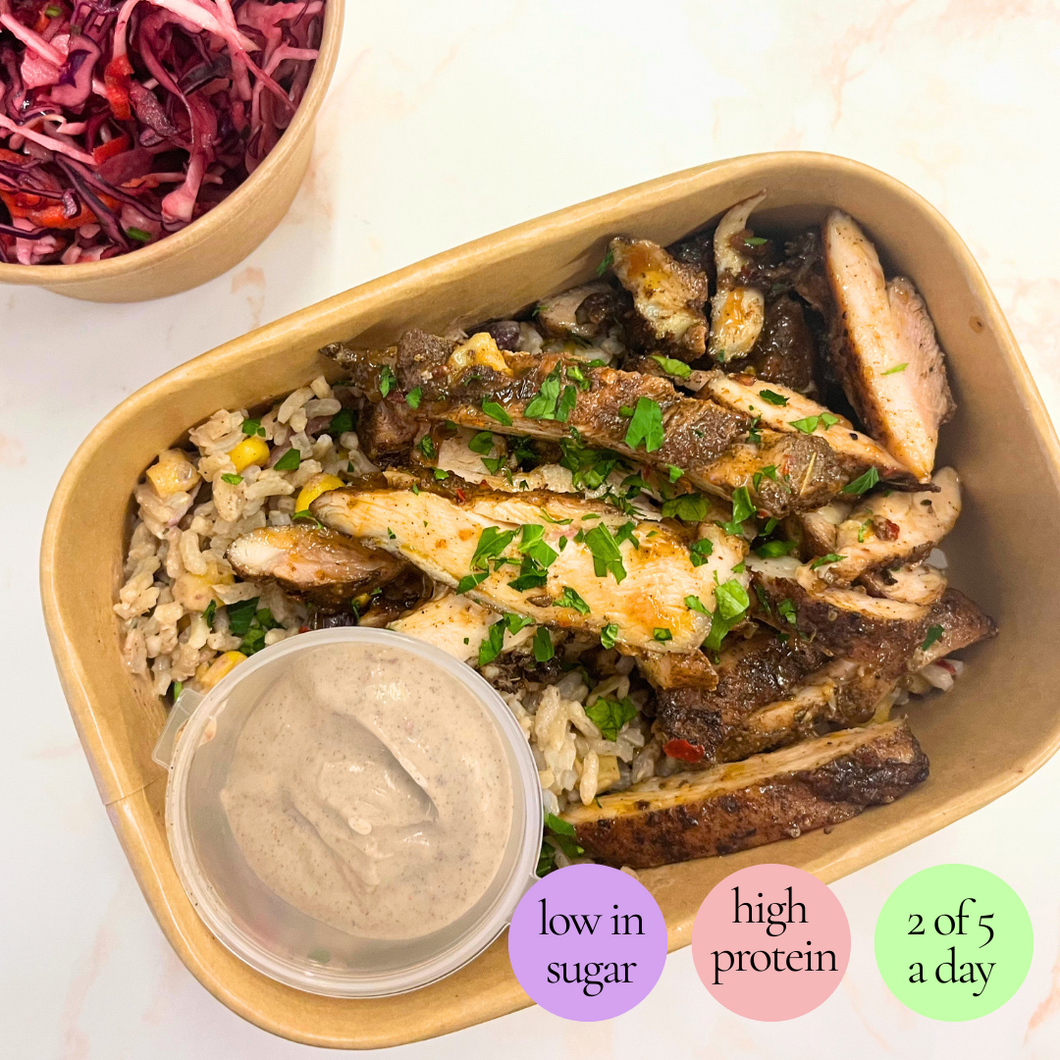 Wednesday: Chef Jen's Jerk Chicken Bowl (now with slaw!)