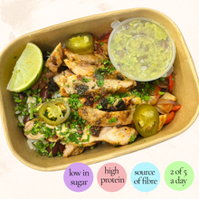 Load image into Gallery viewer, Wednesday: Fajita Rice Bowl + Avocado Sour Cream (with chicken / halloumi V)
