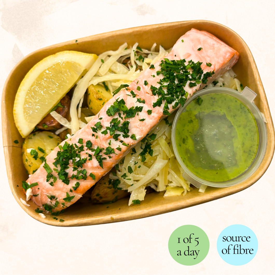 Monday: Baked Salmon, New Potatoes, Cabbage + Salsa Verde