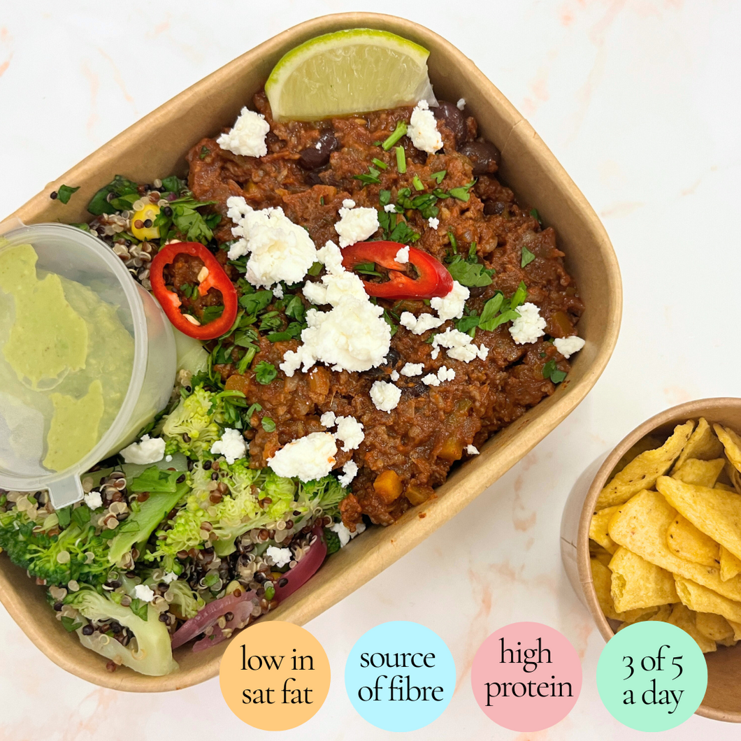 Monday: Beef + Black Bean Chilli with Quinoa, Guacamole + Nacho Crunch