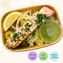 Load image into Gallery viewer, Wednesday: Salsa Verde Salmon with Braised Fennel, Cabbage + Baby Potatoes
