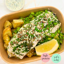 Load image into Gallery viewer, Monday: Lemon + Herb Hake, with Roasted Potatoes, Crushed Peas + Tartare Sauce (new!)
