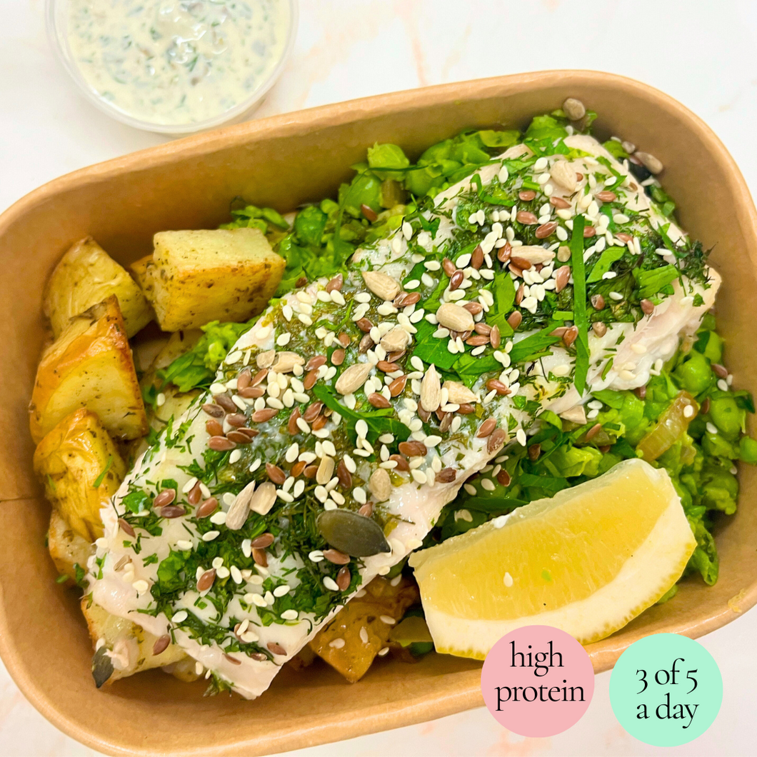 Monday: Lemon + Herb Hake, with Roasted Potatoes, Crushed Peas + Tartare Sauce (new!)