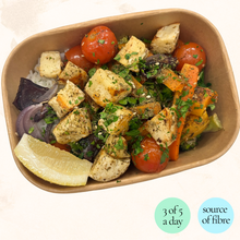 Load image into Gallery viewer, Wednesday: Za&#39;atar Chicken, or Halloumi (V) with Roasted Vegetables, Dill Rice + Tahini Yogurt
