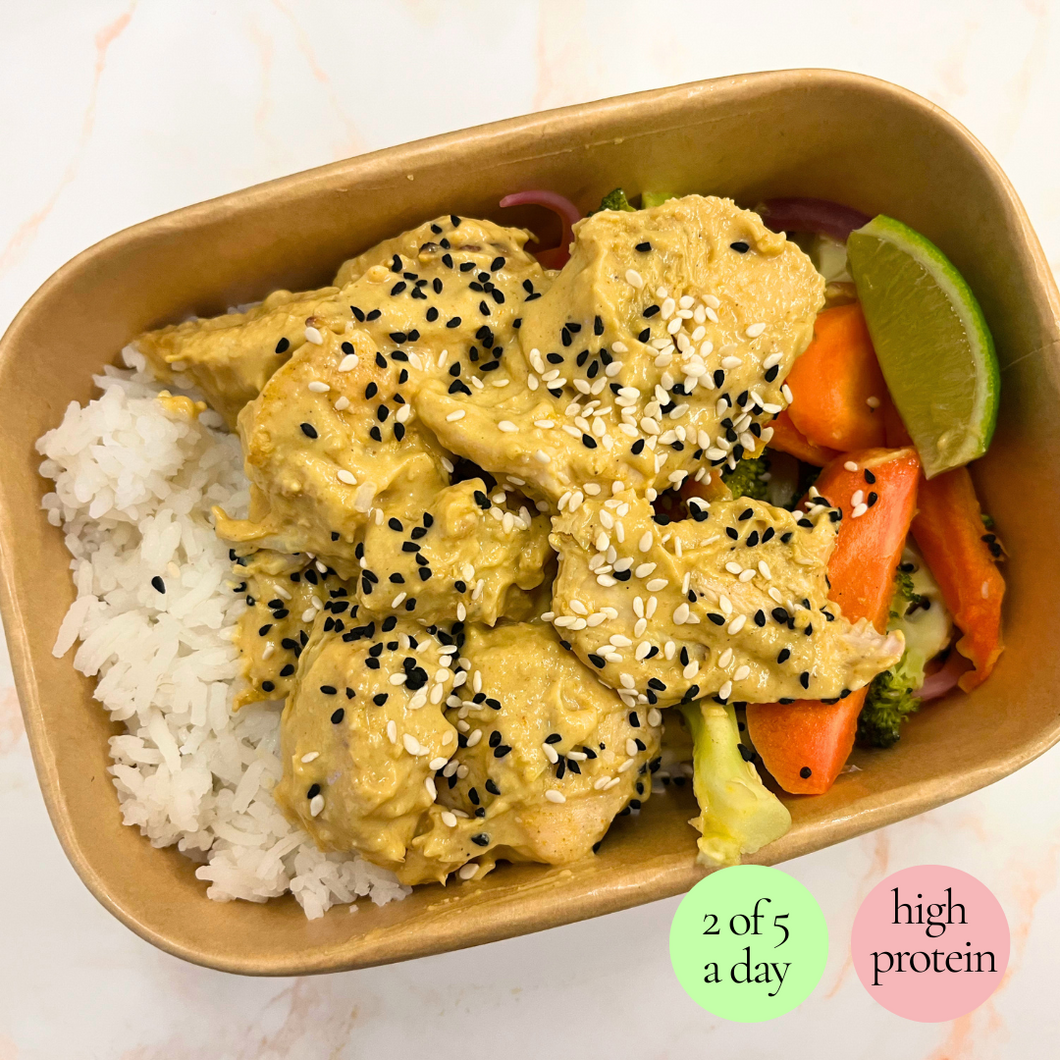 Monday: Satay Rice Bowl with Chicken / Tofu (V) (lower carb available)