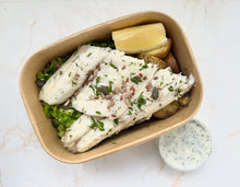 Load image into Gallery viewer, Wednesday: Lemon + Herb Sea Bass, with Roasted Potatoes, Crushed Peas + Tartare Sauce (new!)
